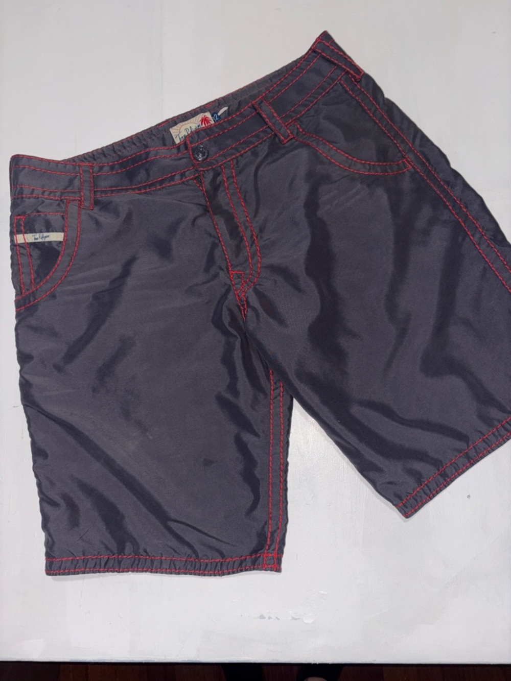 Men's Black TRUE RELIGION BOARD SHORTS with Red Stitching - GENTLY USED
